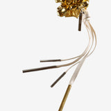 Close up of yellow brooch, showing the fabric