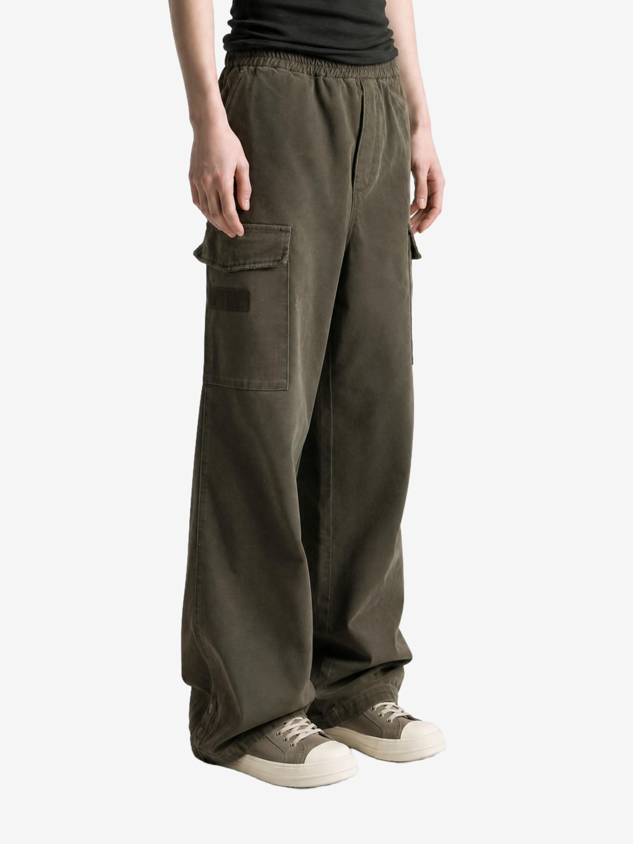 Green pants, full body view