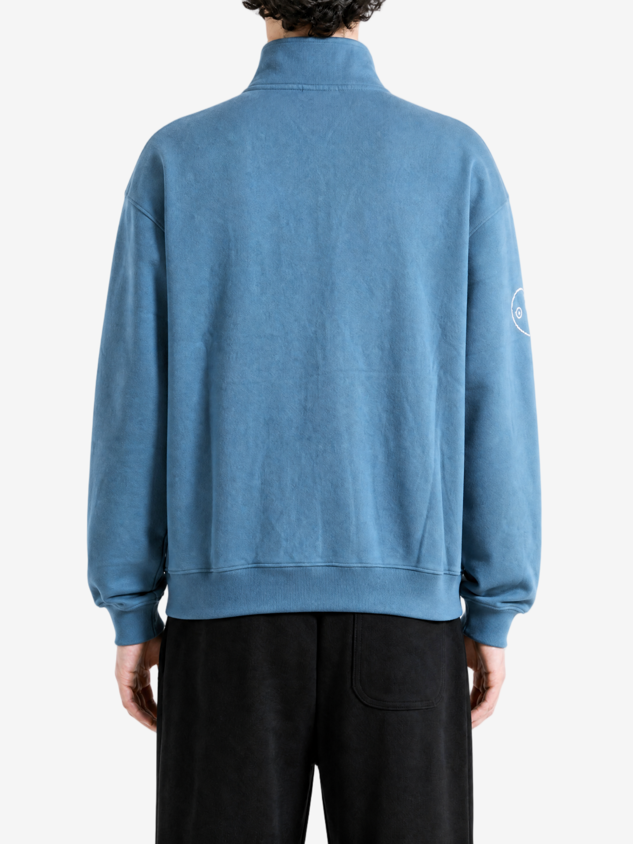 Blue hoodie, full body view