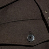 Close up of brown jacket, showing button detail