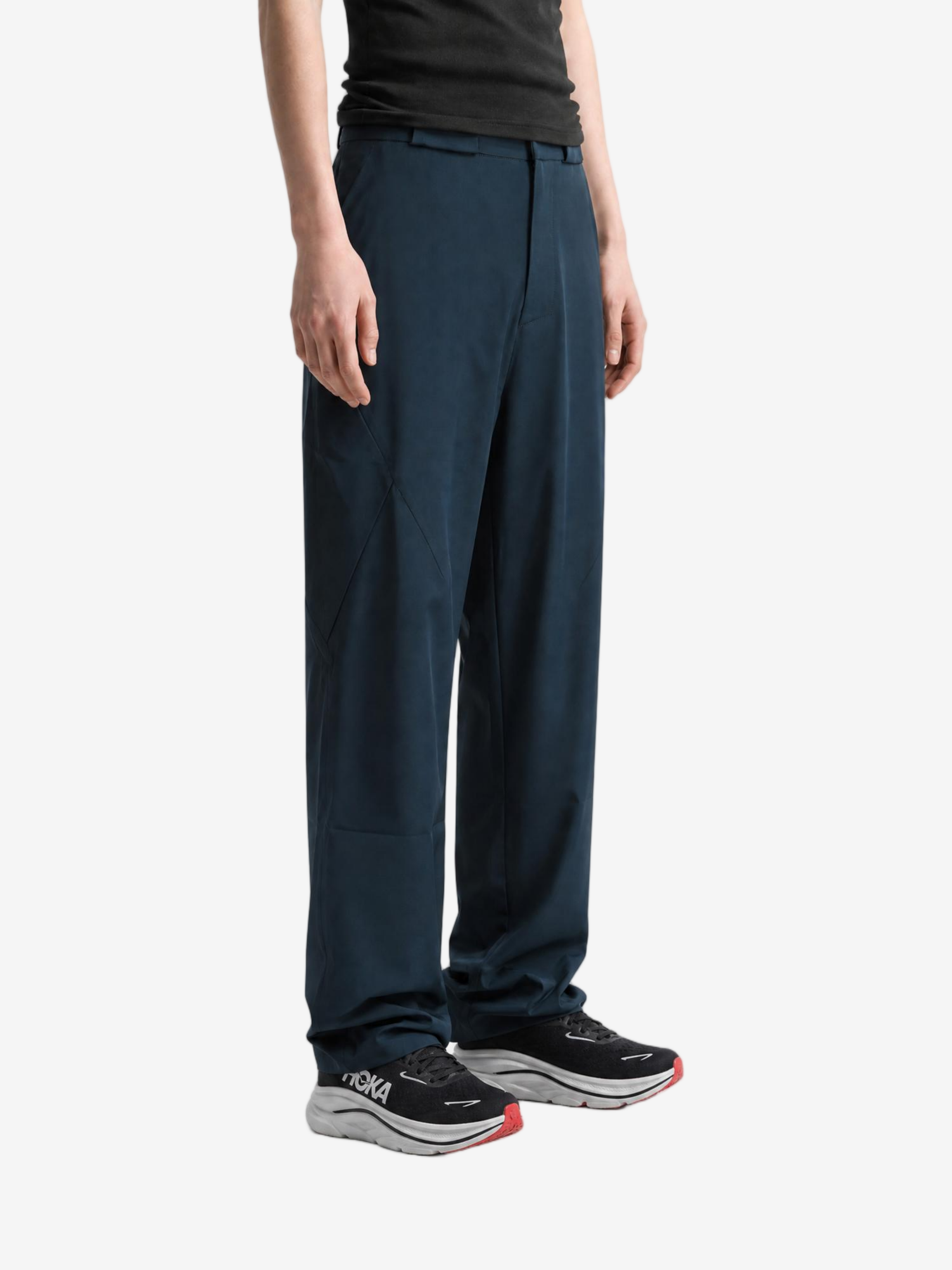 Navy pants, full body view