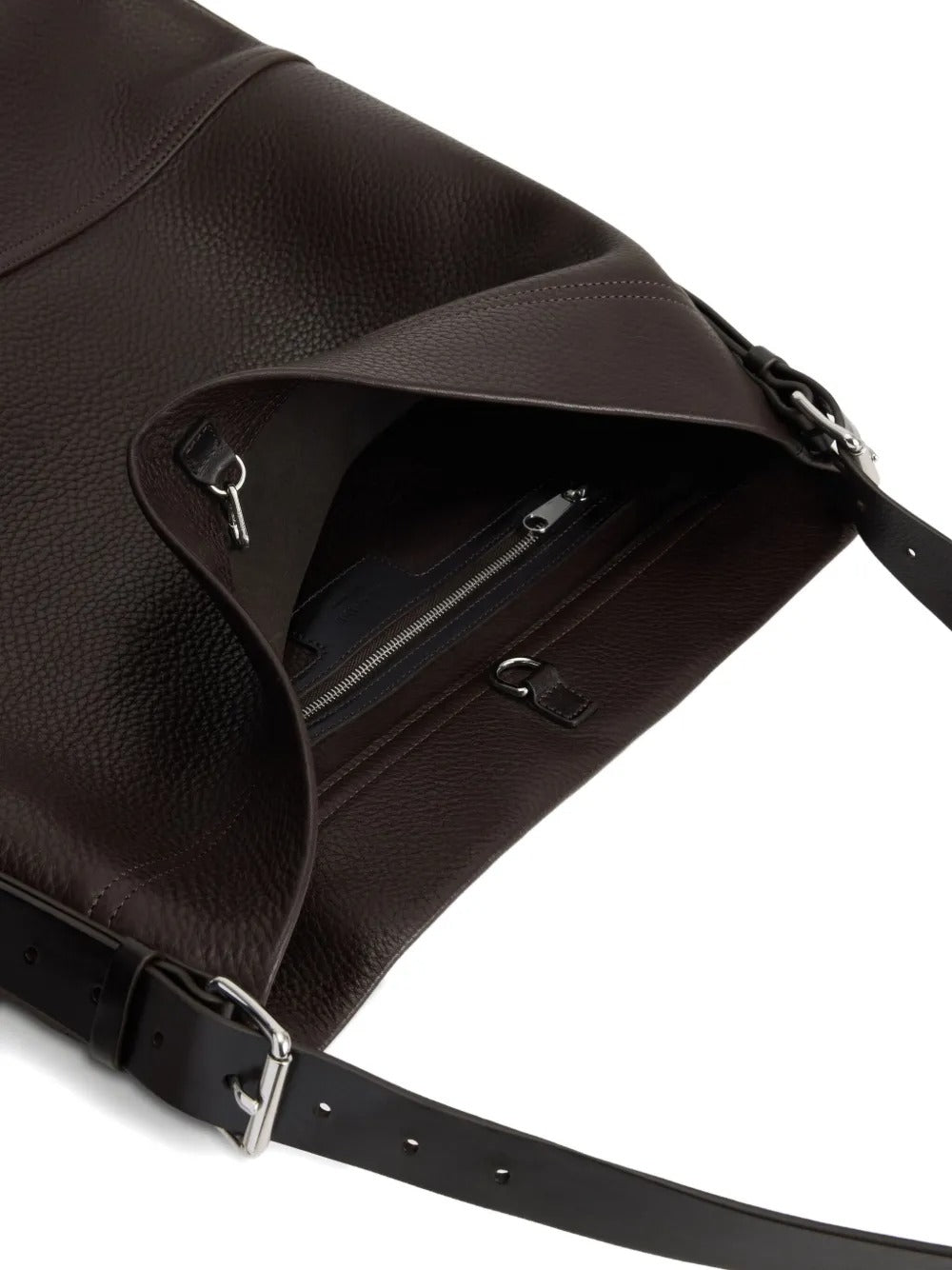 Close up of brown bag, showing texture of the calf leather fabric