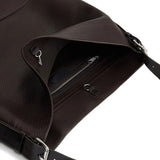 Close up of brown bag, showing texture of the calf leather fabric