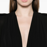 Close up of black jacket, showing texture of the Silk fabric