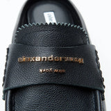 Close up of black Loafer, showing texture of the leather fabric