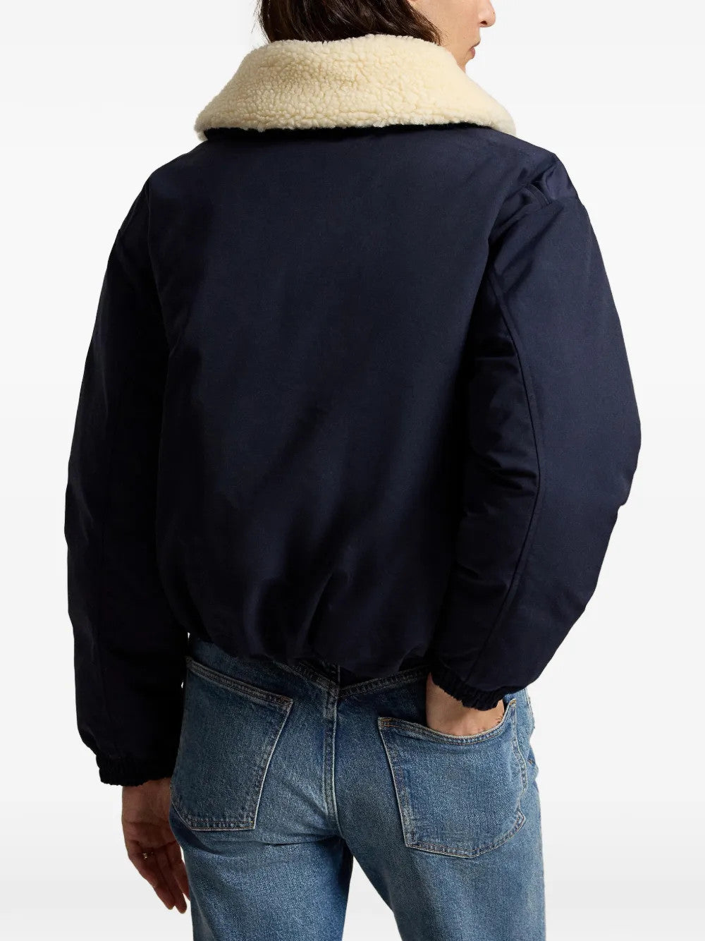 Navy jacket, full body view