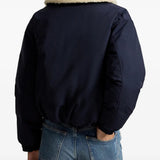 Navy jacket, full body view