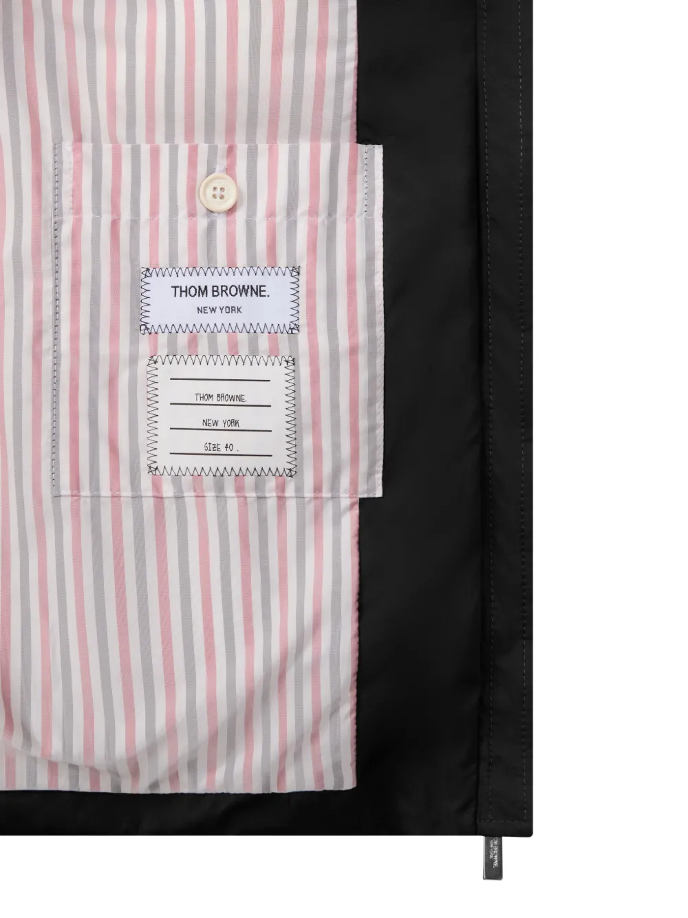 Close up of black jacket,showing texture of the polyester fabric.