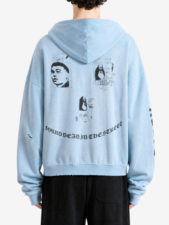 Blue hoodie, full body view