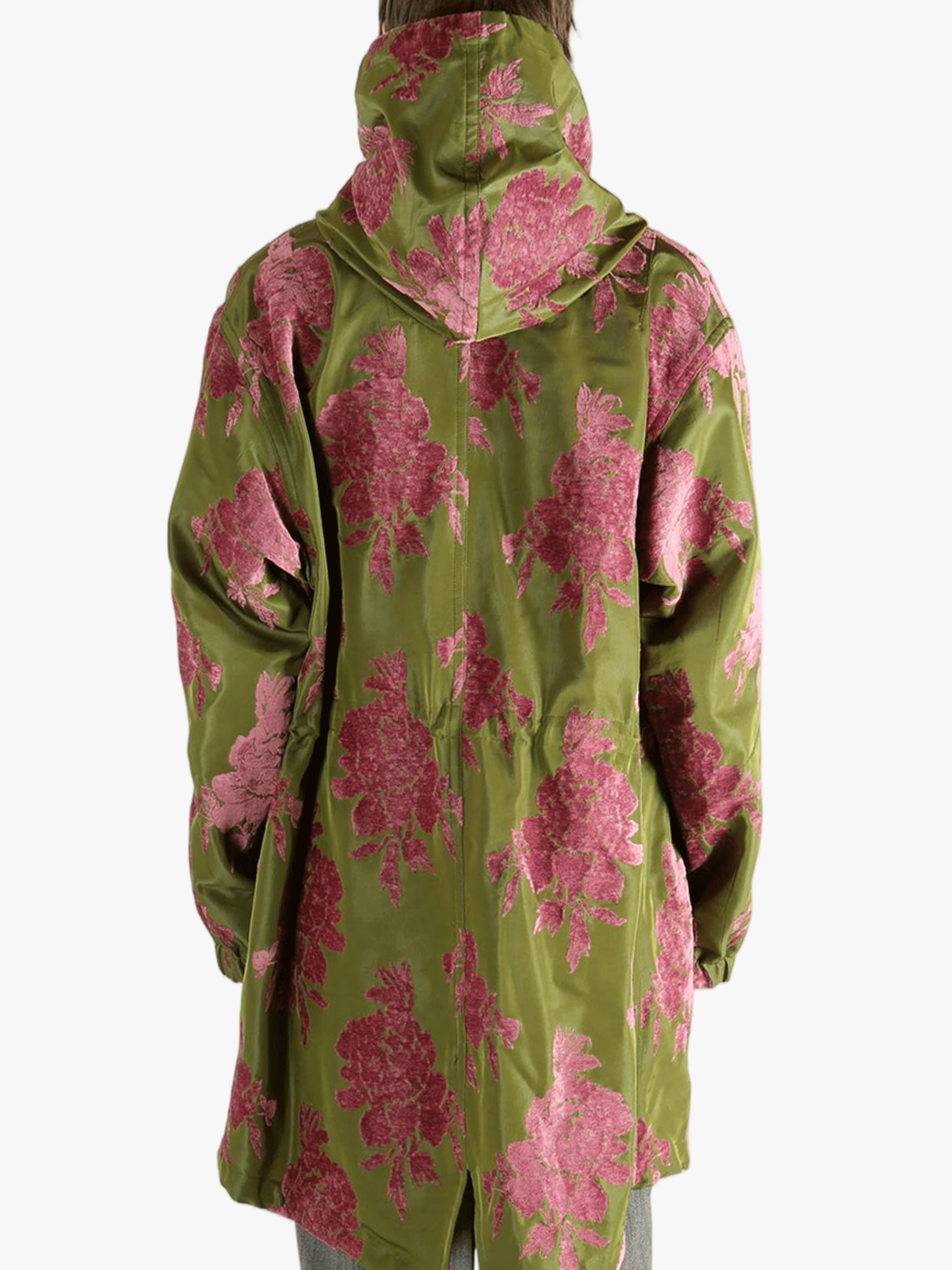 green jackets-coats worn by a person, showing the jackets-coats fit