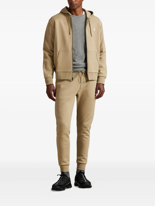 Tan hoodie, full body view