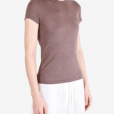 Brown t-shirt worn by a person, showing the t-shirt fit