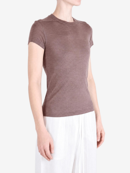 Brown t-shirt worn by a person, showing the t-shirt fit