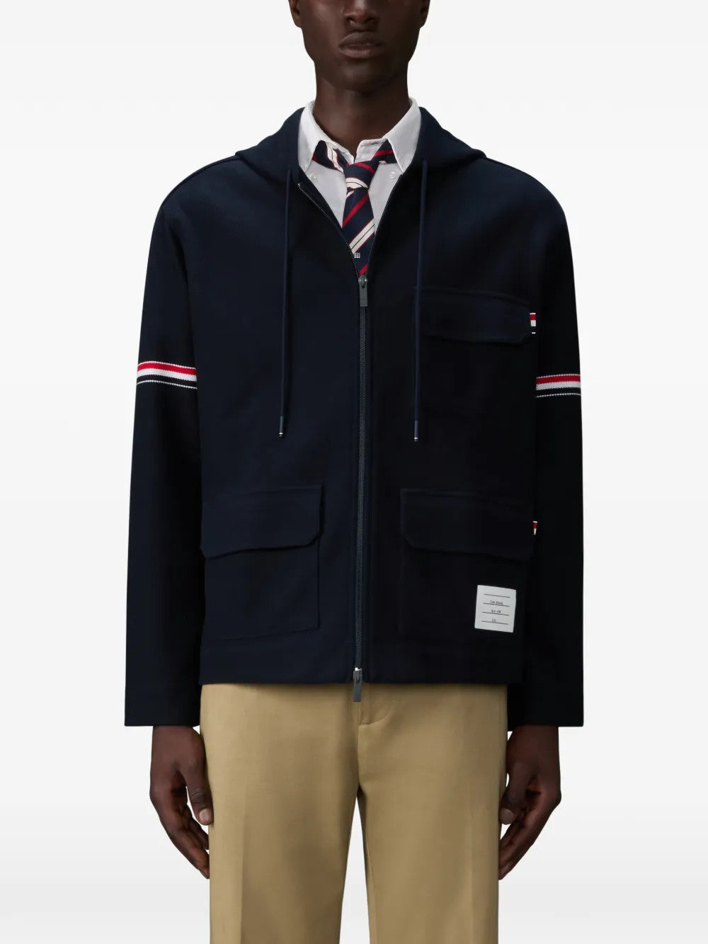 Navy jacket, full body view