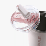Close up of pink tumbler, showing texture of the Recycled 18/8 stainless steel BPA-free  fabric