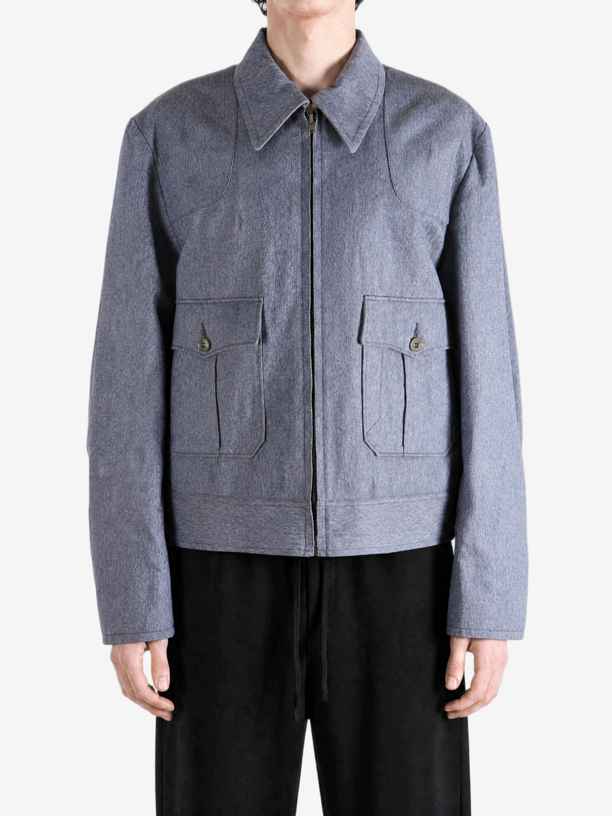 Blue jacket, full body view