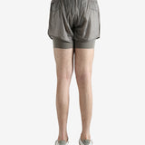 Grey shorts worn by a person, showing the shorts fit