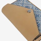 Close up of the blue bag, showing texture of the leather and cotton fabric