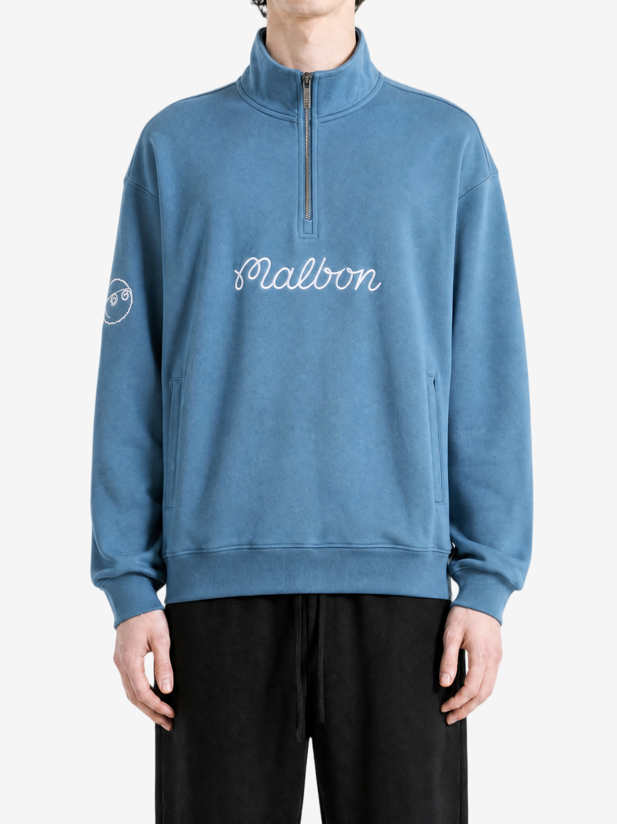 Blue hoodie worn by a person, showing the hoodie fit