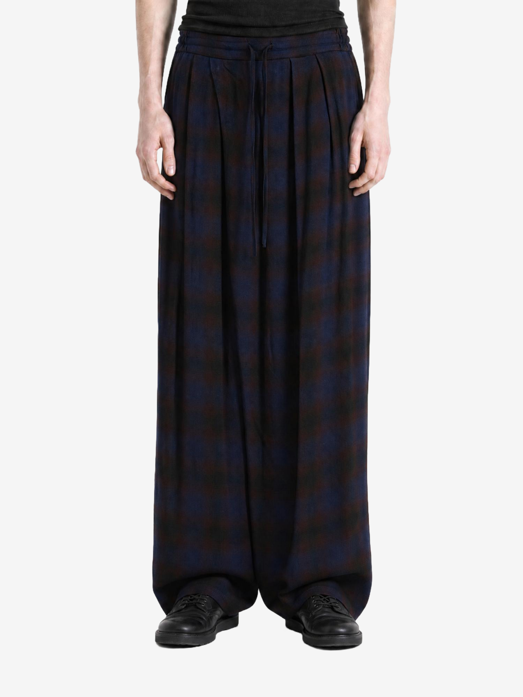 Navy pants, full body view