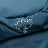 Close up of Blue bag, showing texture of the 100% recycled nylon made fabric