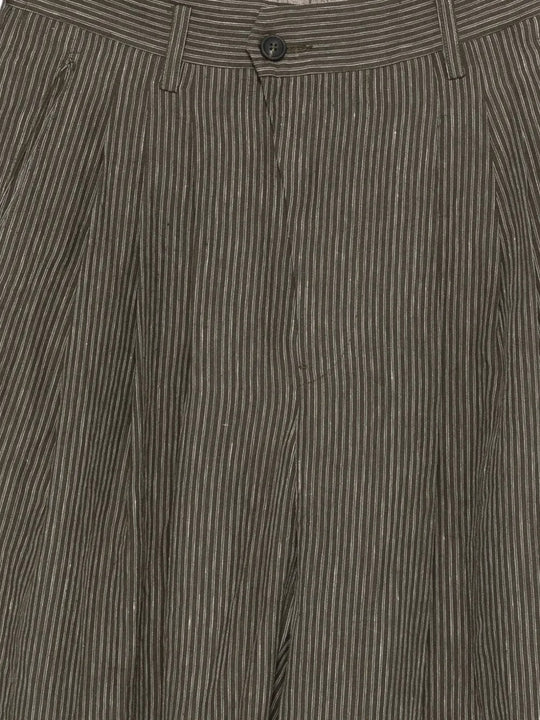 Close up of brown pants, showing texture of the linen fabric
