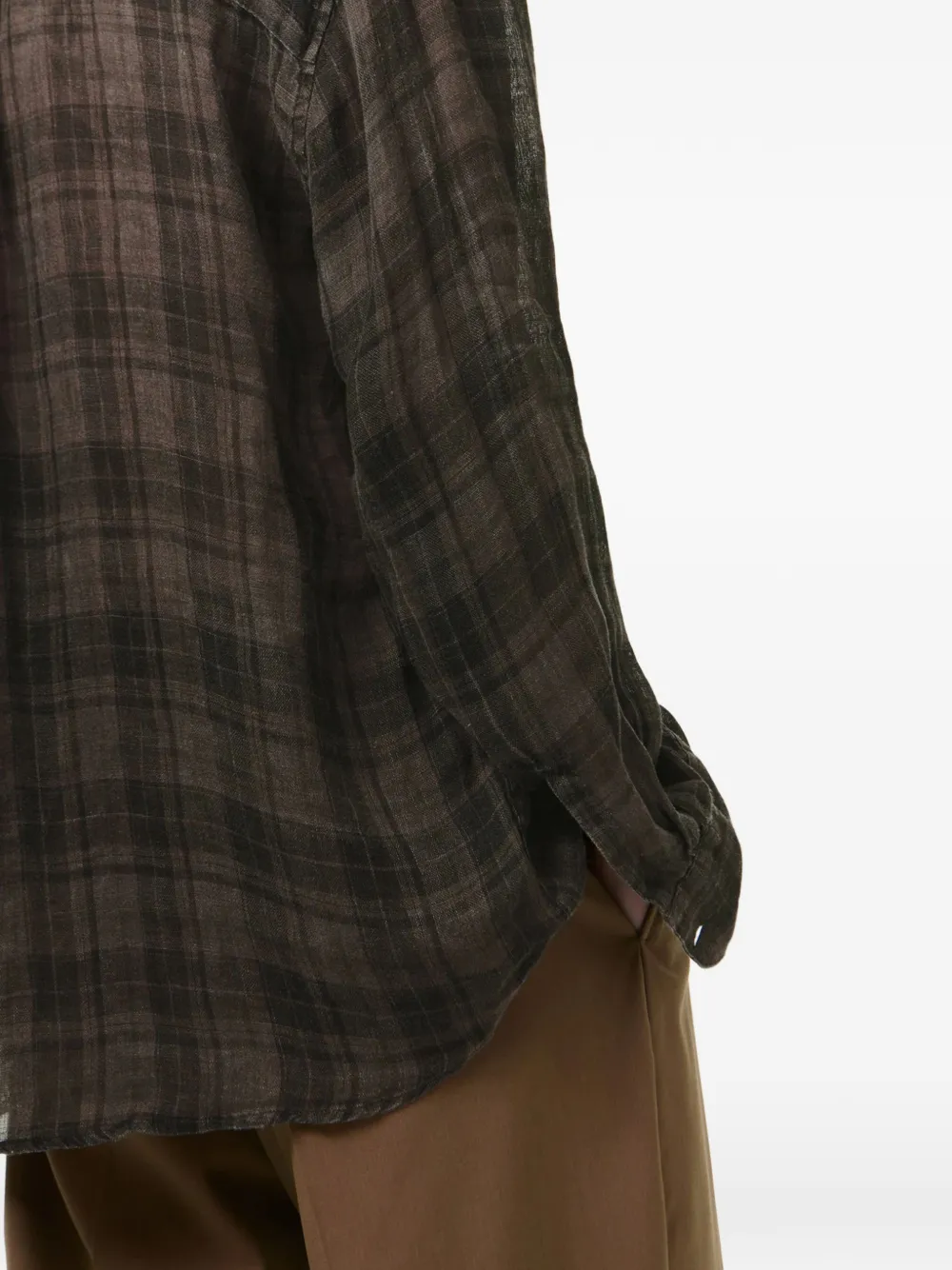 Close up of grey shirt , showing texture of the Linen fabric