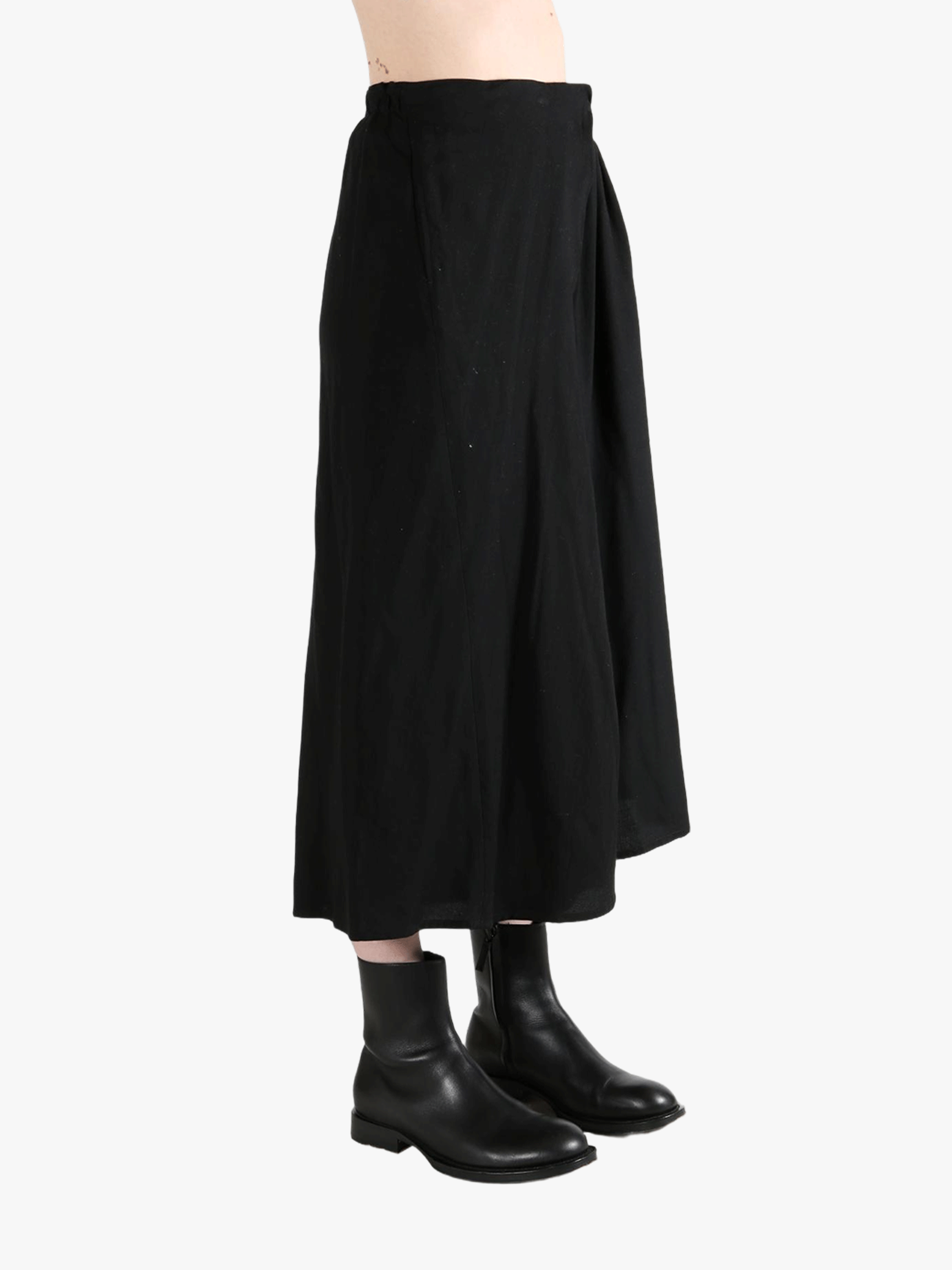 Black skirts worn by a person, showing the skirts fit