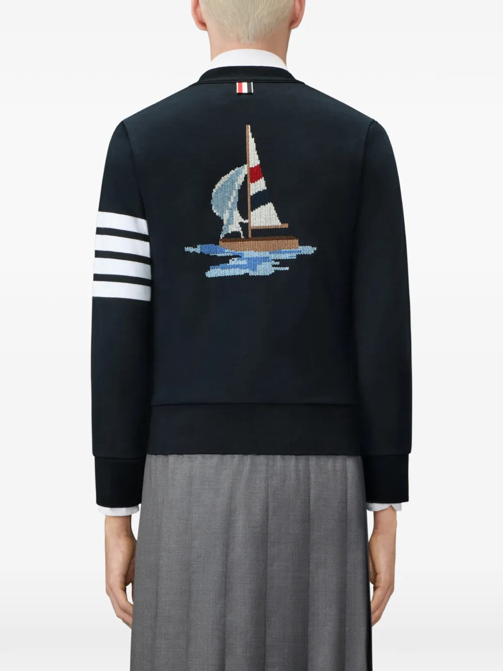 Navy knitwear, full body view