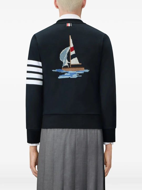 Navy knitwear, full body view