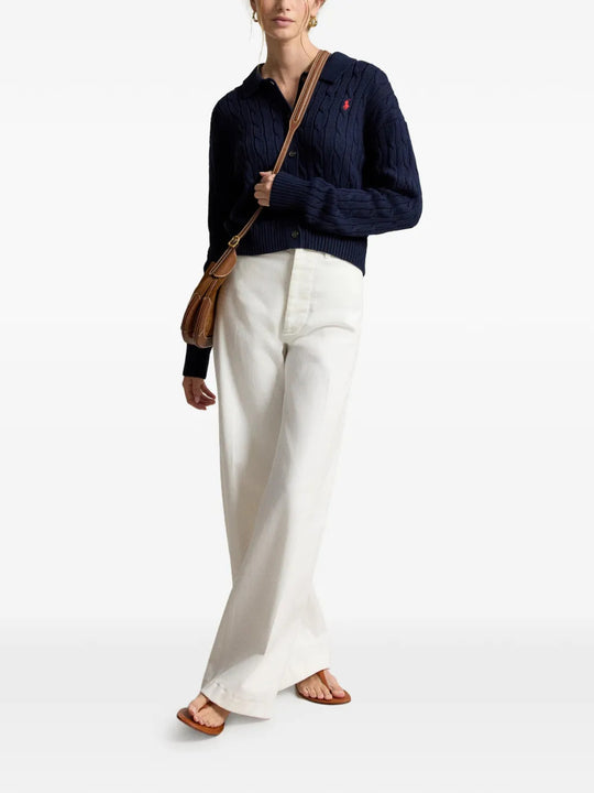 Navy knitwear, full body view