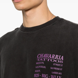 close up of black t-shirt, showing texture of the cotton fabric