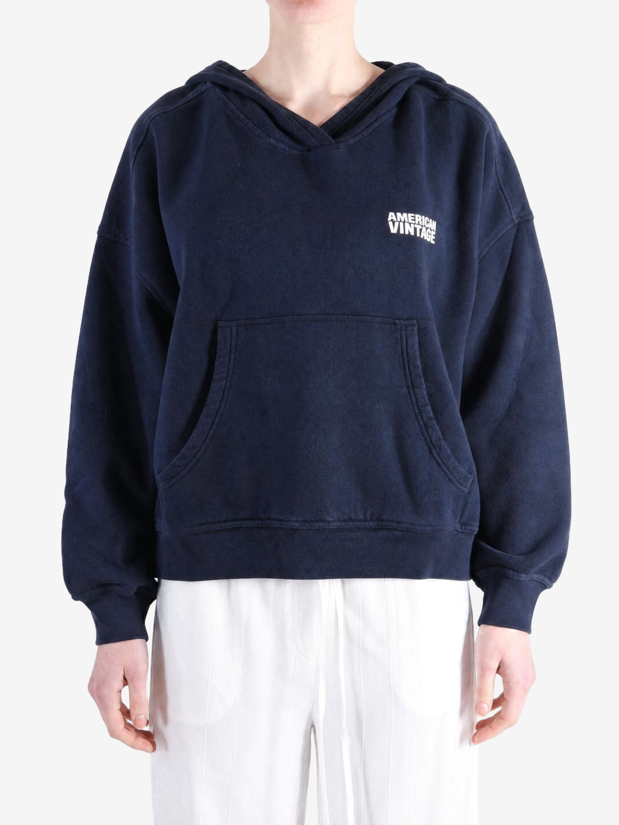 Navy hoodie, full body view