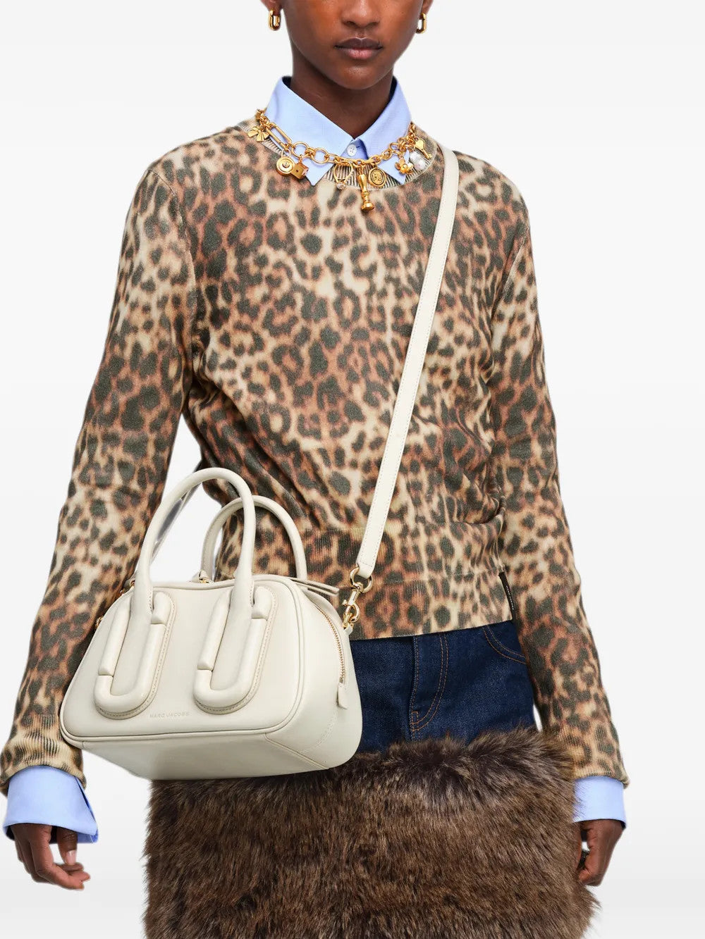 White bag worn by a person, showing the bag fit