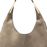 Close up of the grey bag, showing texture of the calfskin fabric