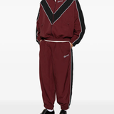 Burgundy pants, full body view