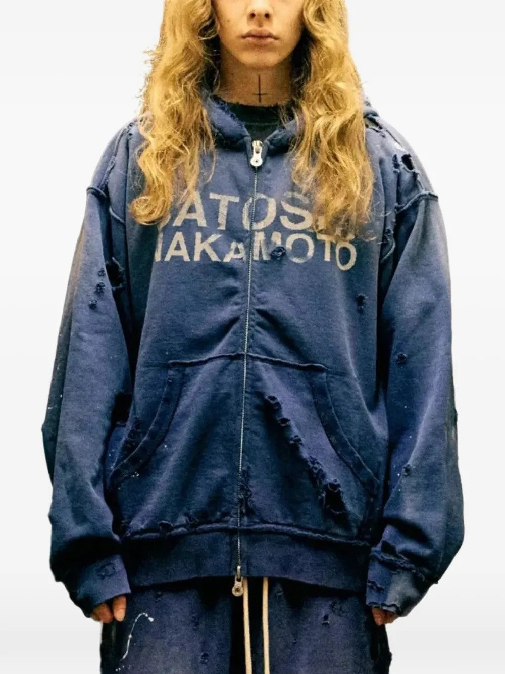 Navy hoodie, full body view
