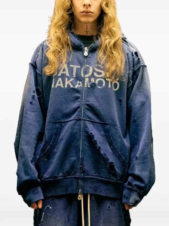 Navy hoodie, full body view