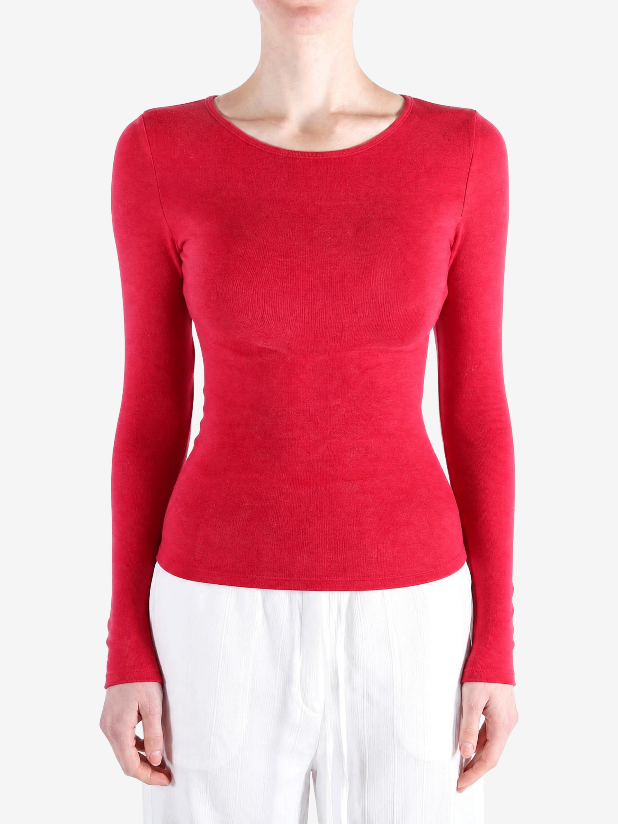 Red t-shirt worn by a person, showing the t-shirt fit
