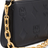 Close up of black bag, showing texture of the Calf Leather fabric