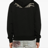 Black hoodie worn by a person, showing the hoodie's fit