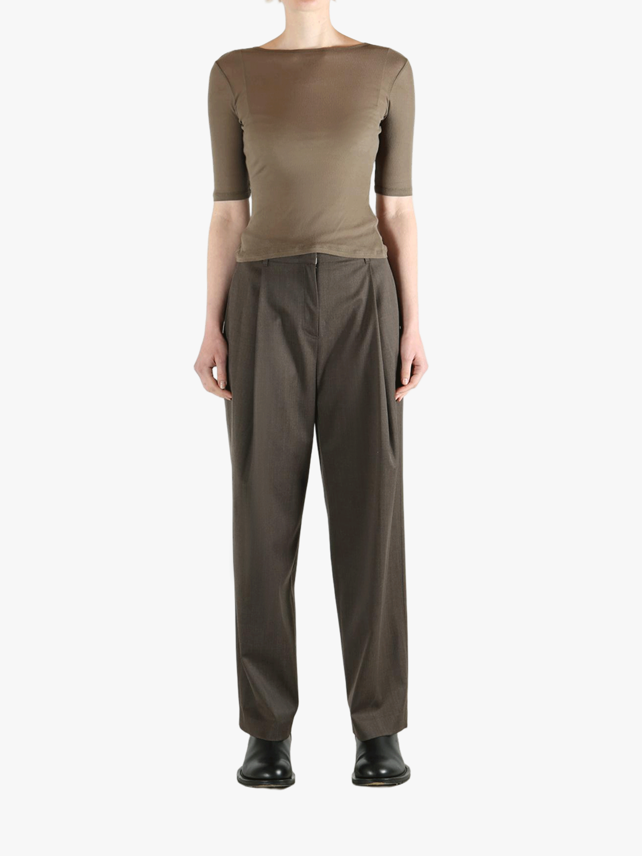 Brown t-shirt, full body view