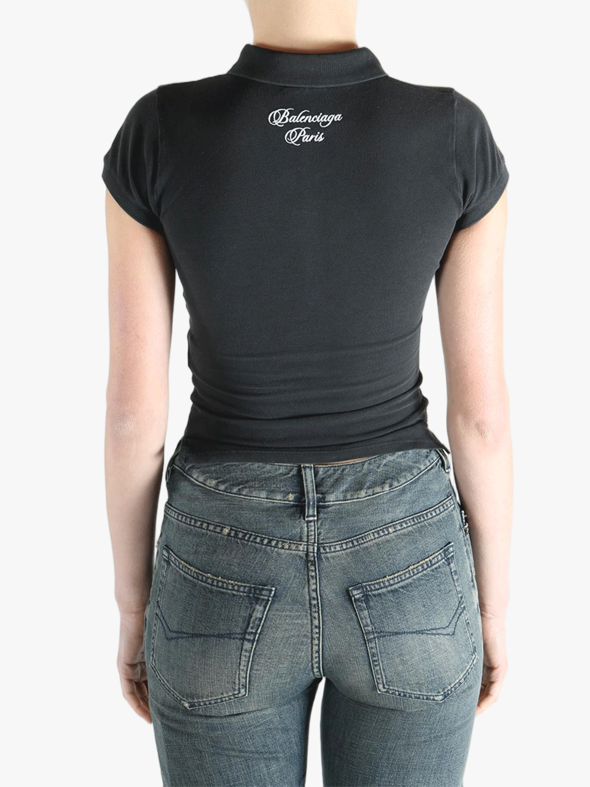 Black t-shirt worn by a person, showing the t-shirt's fit