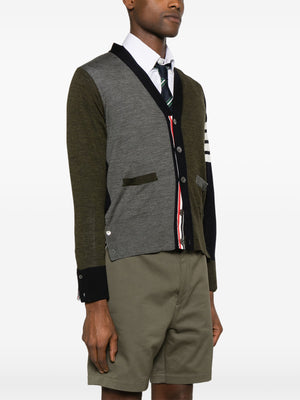 THOM BROWNE - Men Fun Mix Classic V Neck Cardigan In Fine Merino Wool W/4 Bar Stripes