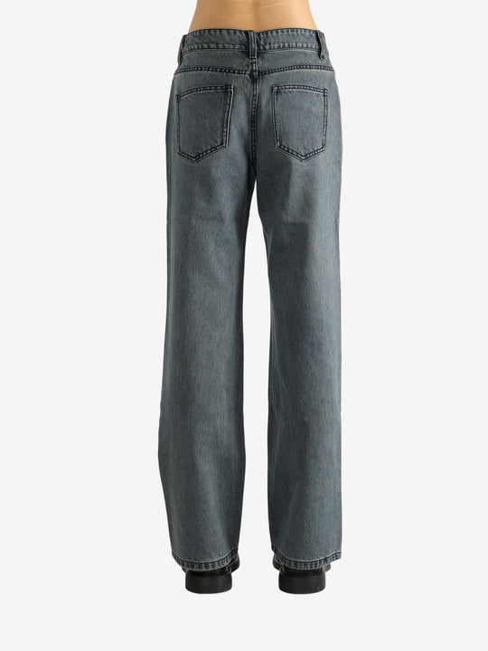 Blue pants worn by a person,showing the pants' fit