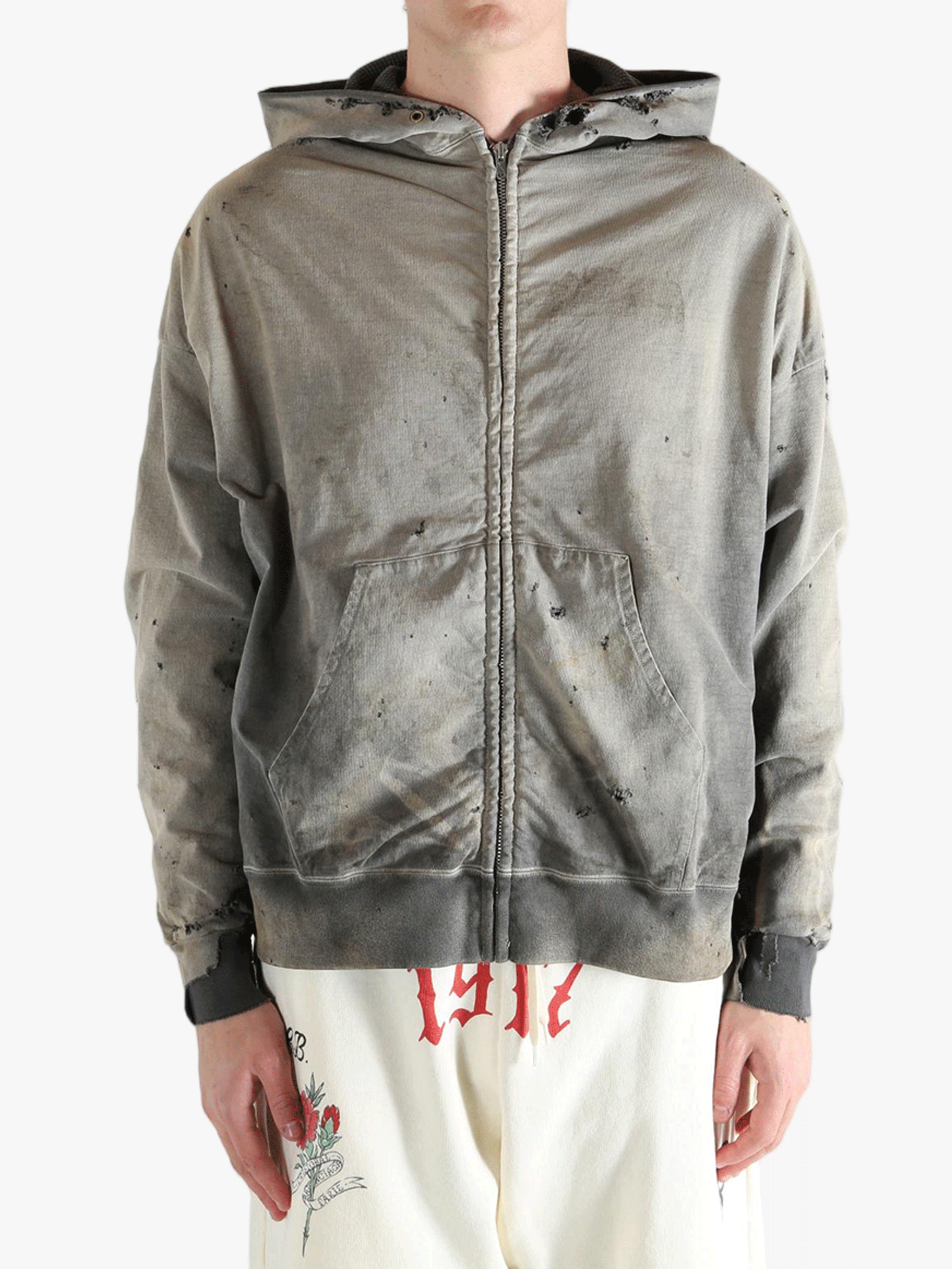 Grey sweats-hoodies worn by a person, showing the sweats-hoodies's fit