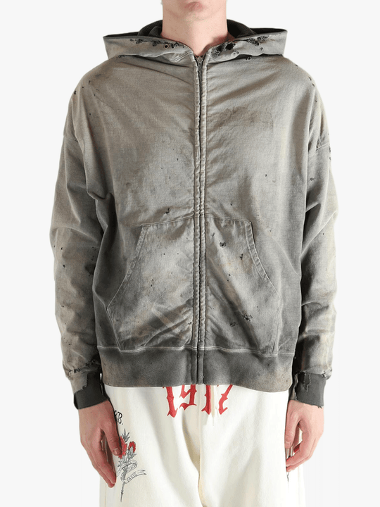 Grey sweats-hoodies worn by a person, showing the sweats-hoodies's fit