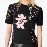 Black t-shirt worn by a person, showing the shirt's fit