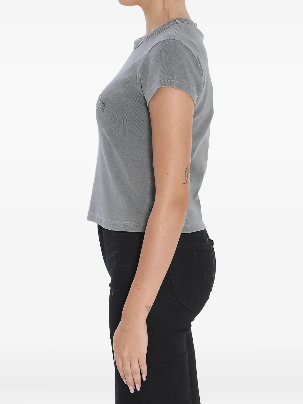 Grey t-shirt worn by a person, showing the shirt's fit