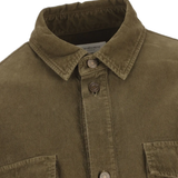 Close up of brown jacket,showing texture of the cotton fabric.